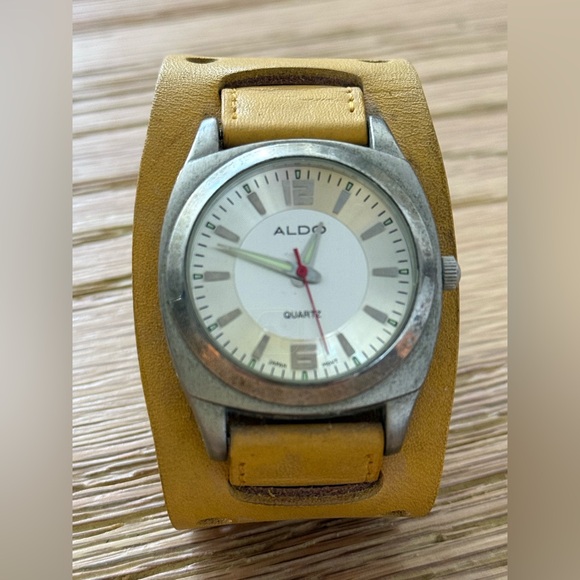 Aldo 37mm Silver Tone Quartz Analog Watch with Wide Yellow Leather Band - Picture 1 of 9